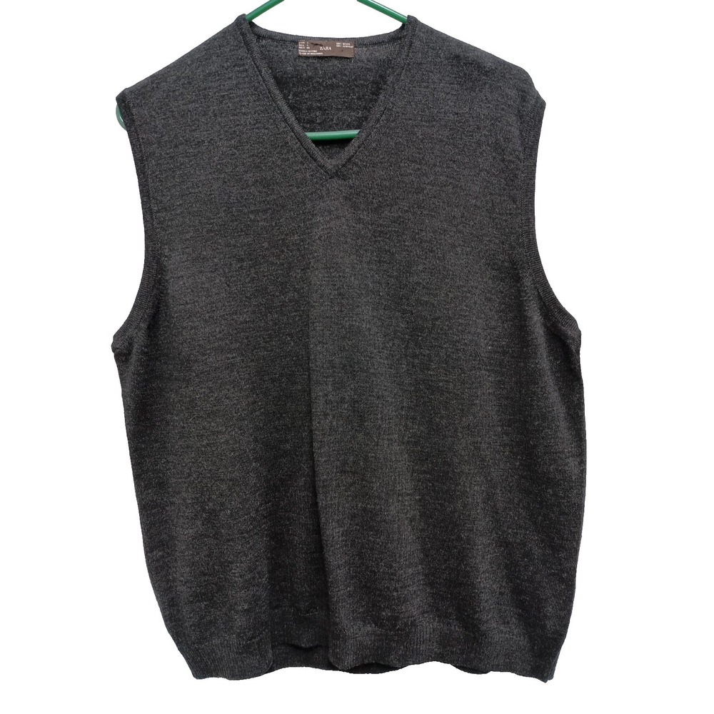 Zara Mens Sweater Vest Size Large Black Wool Preppy‎ Minimalist Pullover V-Neck